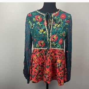 ANTHROPOLOGIE Peasant Top Tassel Tie Long Sleeve Multi Print Floral Tunic NWT